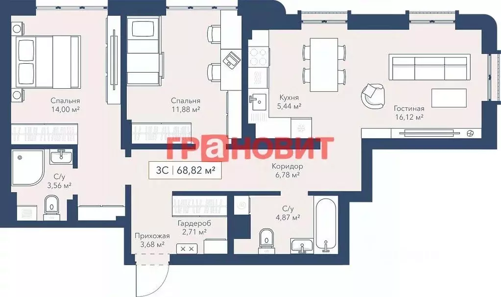 3-к кв. Новосибирская область, Новосибирск ул. Кирова, 119 (69.0 м) - Фото 1