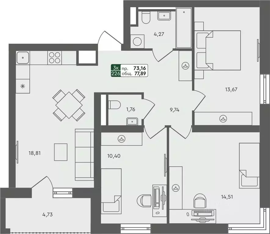 3-к кв. Омская область, Омск Красноярский тракт (77.89 м) - Фото 0