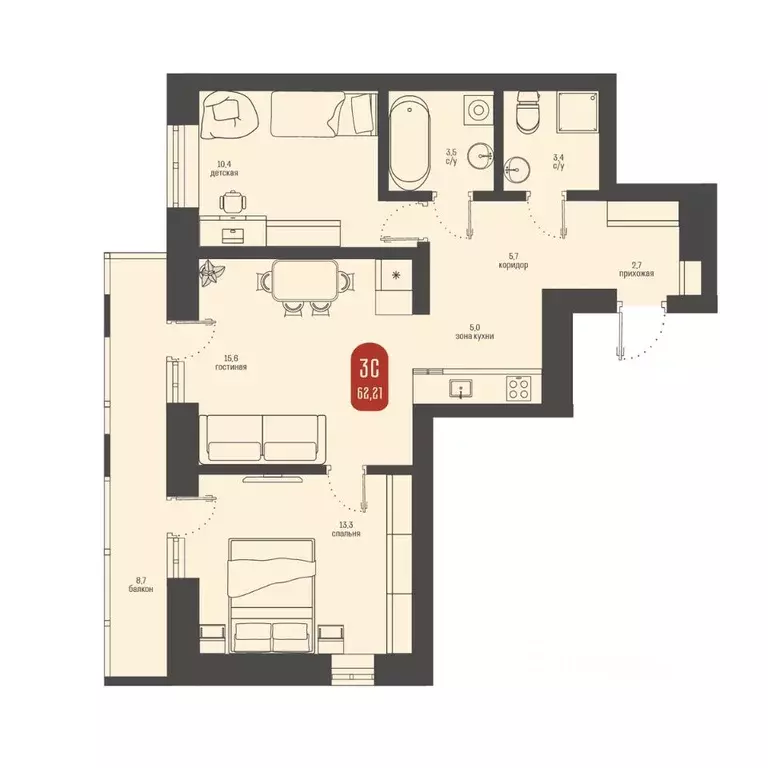 3-к кв. Томская область, Томск ул. Косарева, 6 (62.21 м) - Фото 1