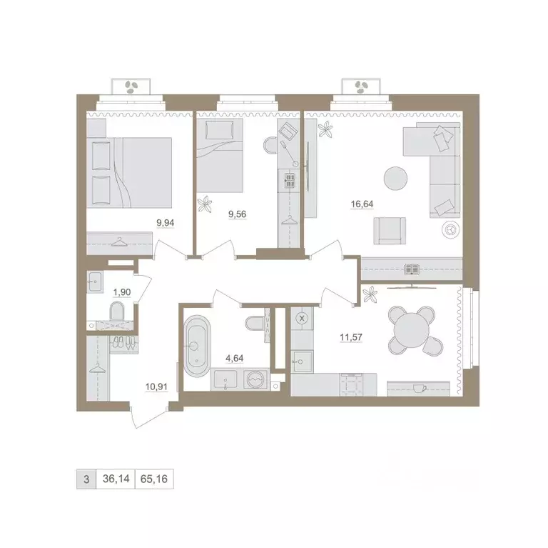 3-к кв. Башкортостан, Уфа бул. Яркий (65.16 м) - Фото 1