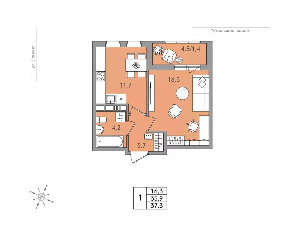 1-к кв. Ярославская область, Ярославль Тутаевское ш., 93Б (37.3 м) - Фото 1