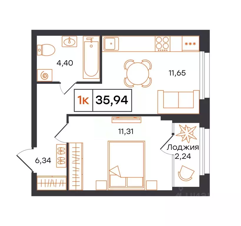 1-к кв. Тюменская область, Тюмень Полевая ул., 117к12 (35.94 м) - Фото 1