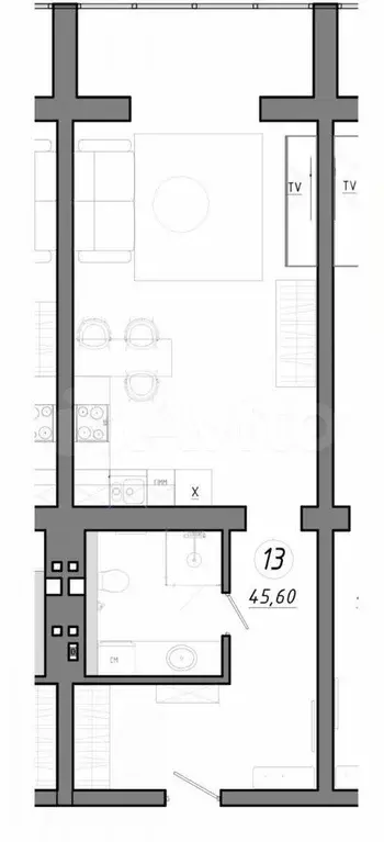 Апартаменты-студия, 45,6 м, 4/5 эт. - Фото 1