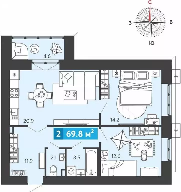 2-комнатная квартира: Засечное, Прибрежный бульвар, 5 (69.8 м) - Фото 1
