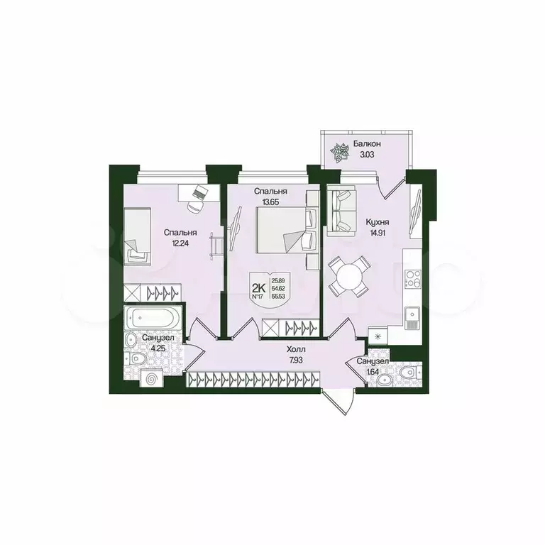 2-к. квартира, 55,5 м, 3/4 эт. - Фото 0