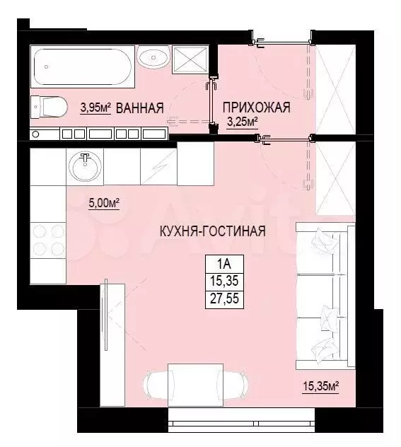 1-к. квартира, 27,8 м, 1/1 эт. - Фото 0