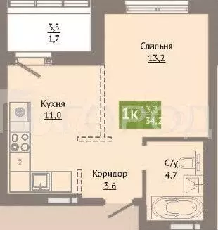 1-к. квартира, 34,2 м, 11/13 эт. - Фото 0