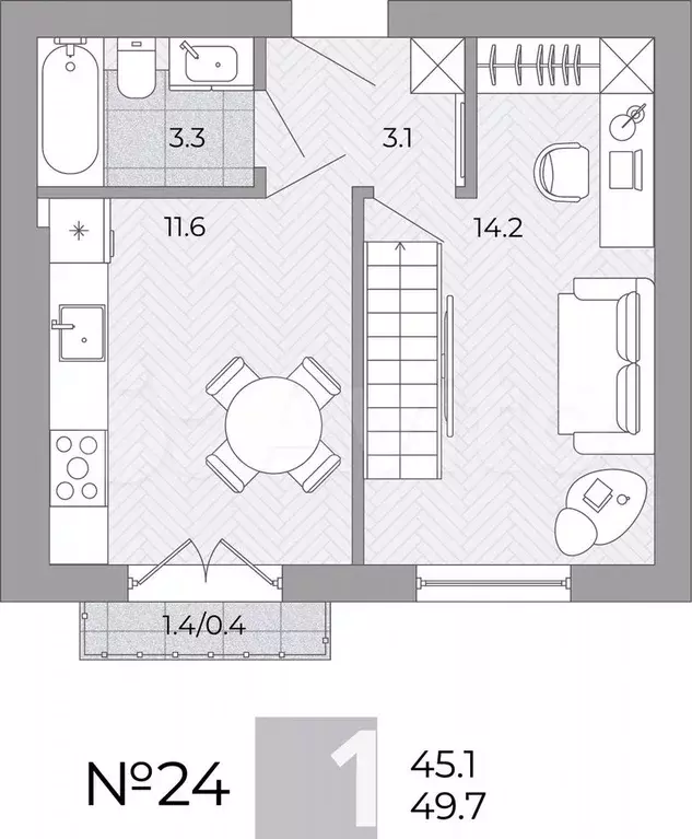 1-к. квартира, 49,7 м, 4/4 эт. - Фото 0