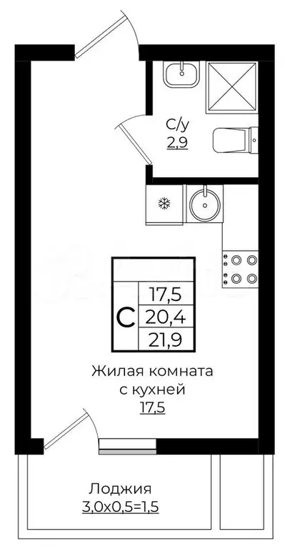 Квартира-студия, 21,9 м, 2/9 эт. - Фото 0