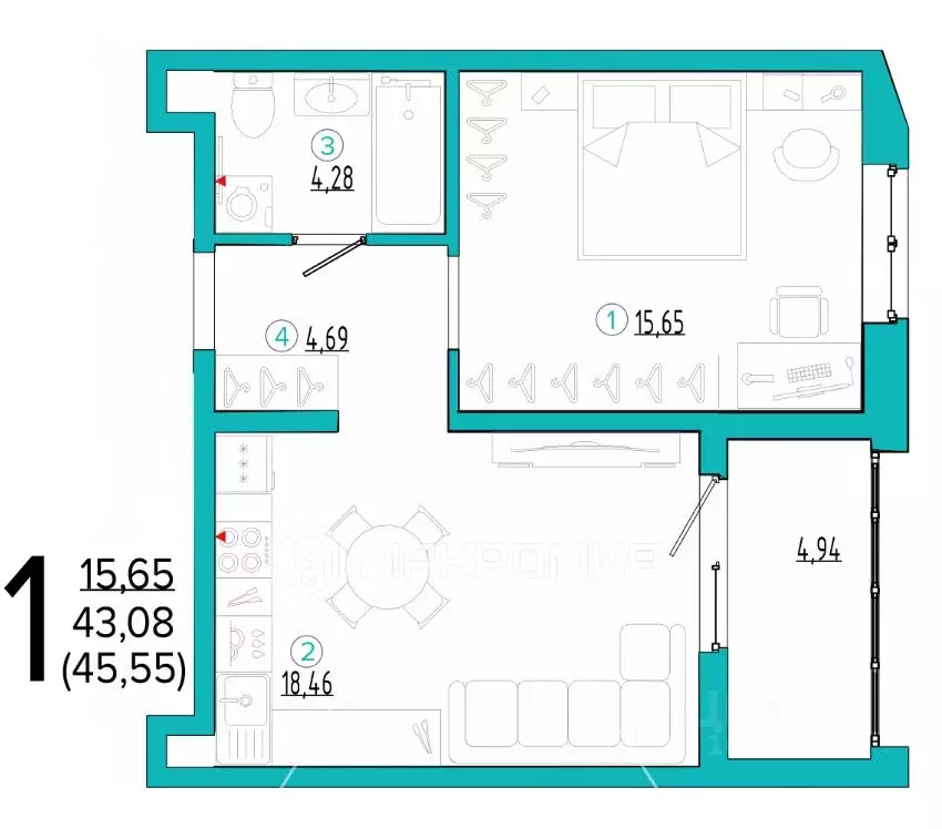 1-к кв. Брянская область, Брянск Бежицкая ул., 21Б (45.5 м) - Фото 1