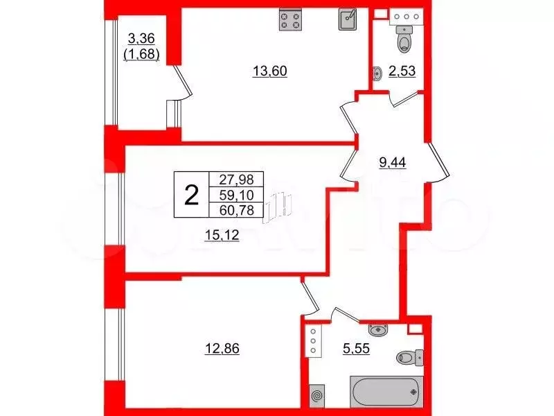 2-к. квартира, 60,8 м, 7/10 эт. - Фото 0