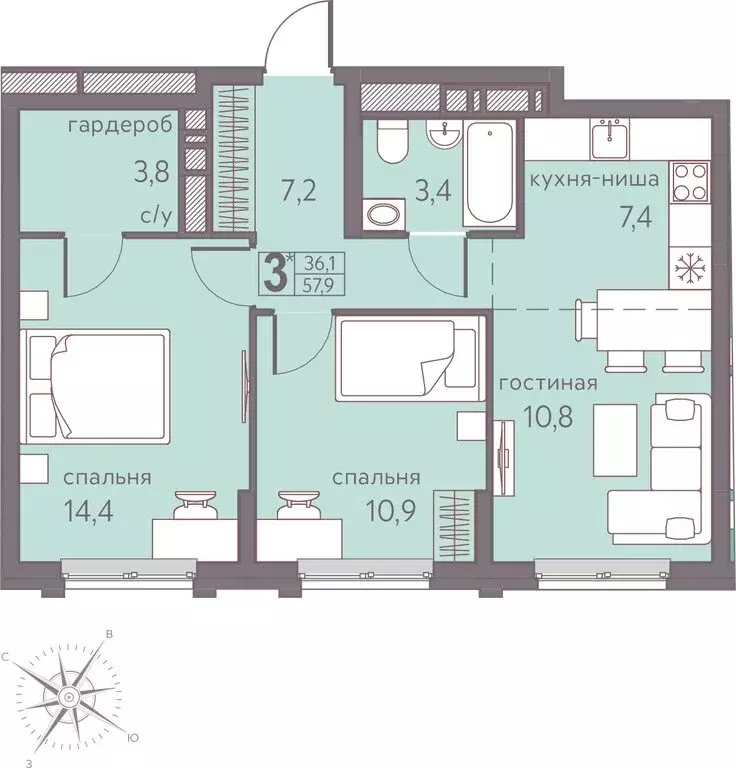 3-комнатная квартира: Пермь, Серебристая улица, 5 (57.9 м) - Фото 1