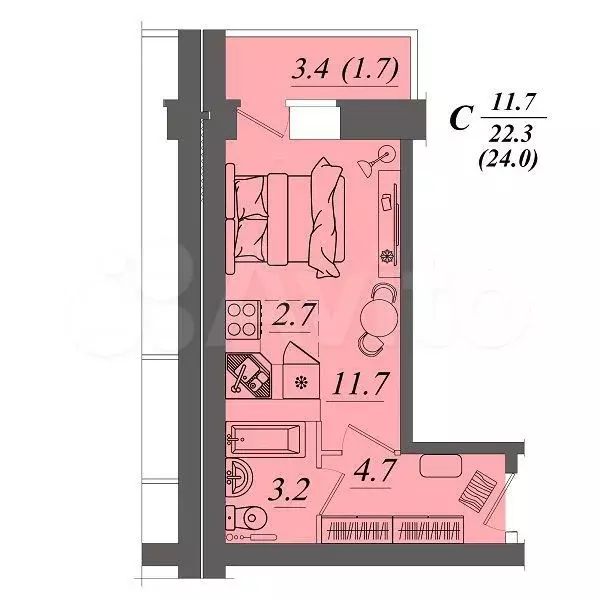 Квартира-студия, 24 м, 7/10 эт. - Фото 1