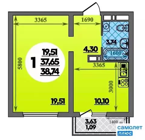 1-комнатная квартира: Анапа, улица Адмирала Пустошкина, 22к10 (38.7 м) - Фото 1