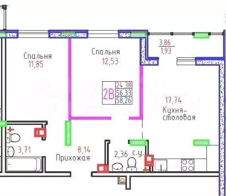 2-к. квартира, 58 м, 2/9 эт. - Фото 0