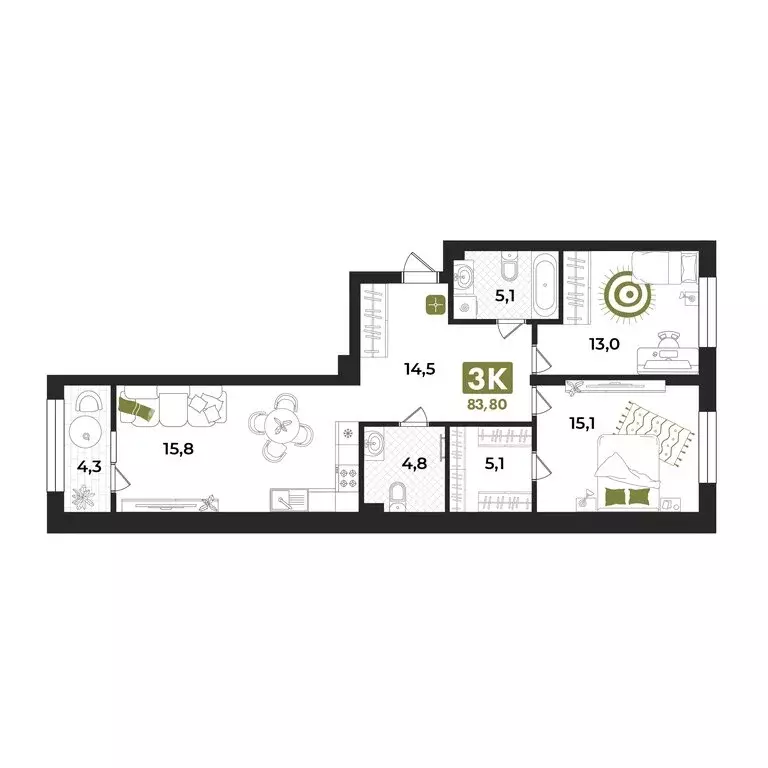 3-комнатная квартира: Тюмень, улица Евгения Войнова, 7 (83.8 м) - Фото 1