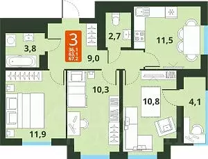 2-к кв. Новосибирская область, Новосибирск Тайгинская ул., с3 (57.9 м) - Фото 0