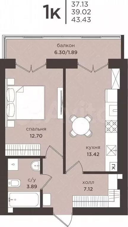 1-к. квартира, 39 м, 5/7 эт. - Фото 1