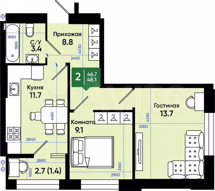 2-к. квартира, 48,5м, 2/3эт. - Фото 1