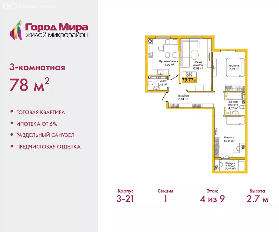 3-комнатная квартира: Симферополь, улица Батурина, 177к2 (78 м) - Фото 1