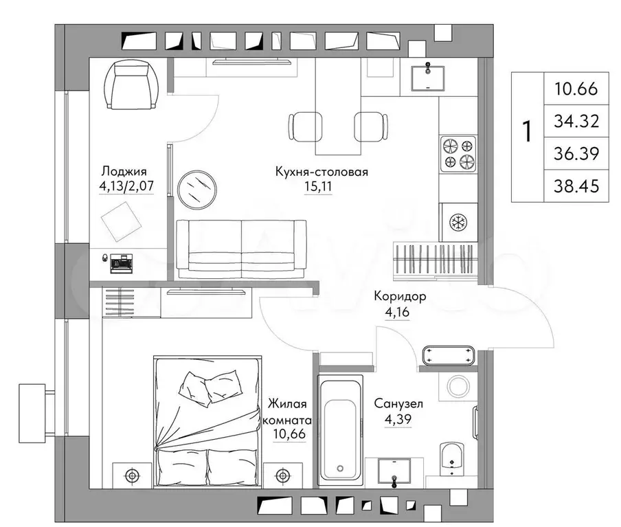 1-к. квартира, 38,5 м, 6/6 эт. - Фото 0