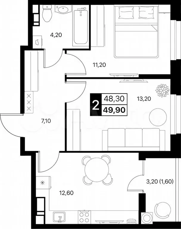 2-к. квартира, 49,9 м, 8/20 эт. - Фото 0