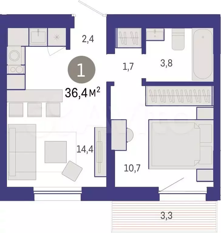 1-к. квартира, 36,4 м, 4/9 эт. - Фото 1