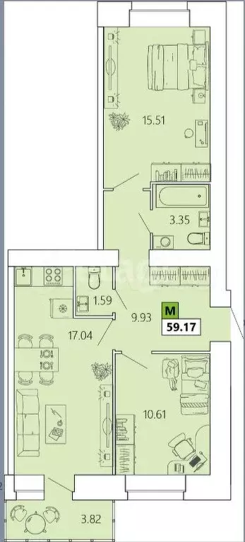 2-к. квартира, 59,2 м, 7/9 эт. - Фото 0
