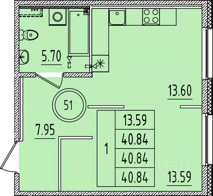 Квартира, 1 комната, 40.84 м - Фото 1