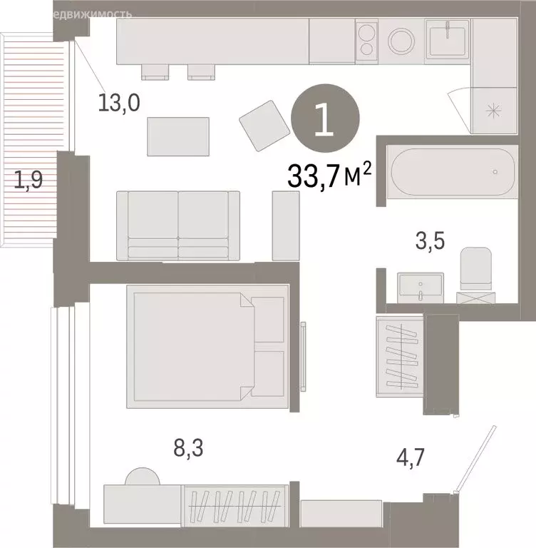 1-комнатная квартира: Тюмень, жилой комплекс Зарека (33.71 м) - Фото 1