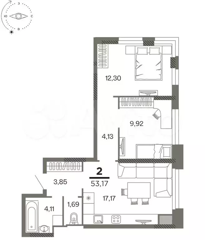 2-к. квартира, 53,2 м, 7/26 эт. - Фото 0