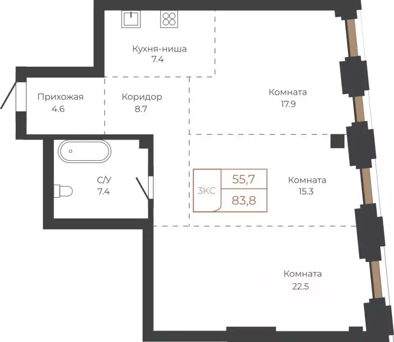 3-к кв. Алтайский край, Барнаул пл. Баварина, 8к2 (83.7 м) - Фото 1