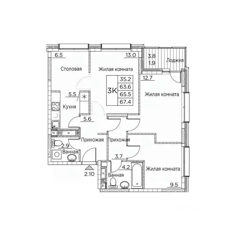 3-к кв. Приморский край, Владивосток ул. Расула Гамзатова, 7к3 (67.4 ... - Фото 1