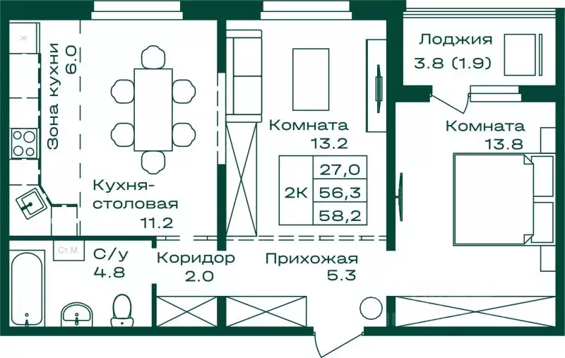 2-к кв. Алтай, Майминский район, с. Майма Алтайская ул., 2АК1 (58.2 м) - Фото 0