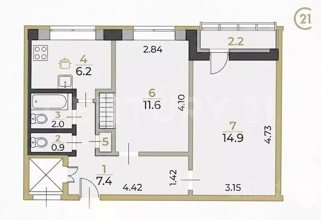2-к кв. Санкт-Петербург Серебристый бул., 22К3 (43.3 м) - Фото 2