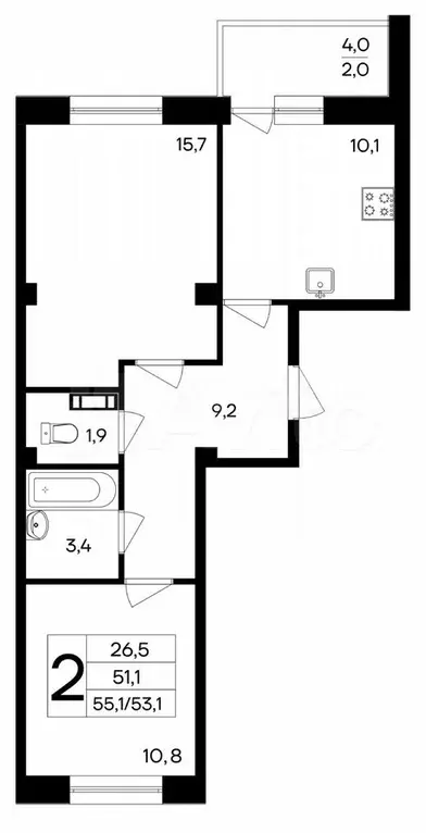 2-к. квартира, 53,1 м, 9/9 эт. - Фото 0