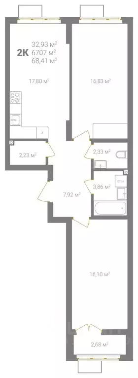2-к кв. Нижегородская область, Нижний Новгород Ветеринарная ул. (68.41 ... - Фото 2
