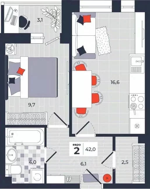 2-к кв. Тульская область, Тула ул. Академика Насоновой, 1А (42.0 м) - Фото 1