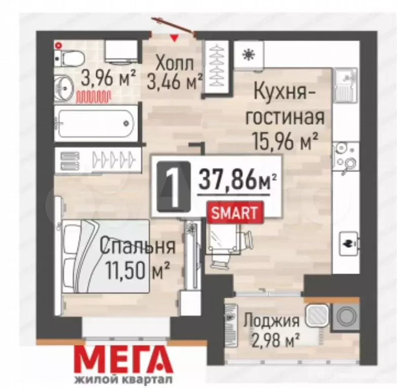 1-к. квартира, 37,9 м, 1/10 эт. - Фото 0