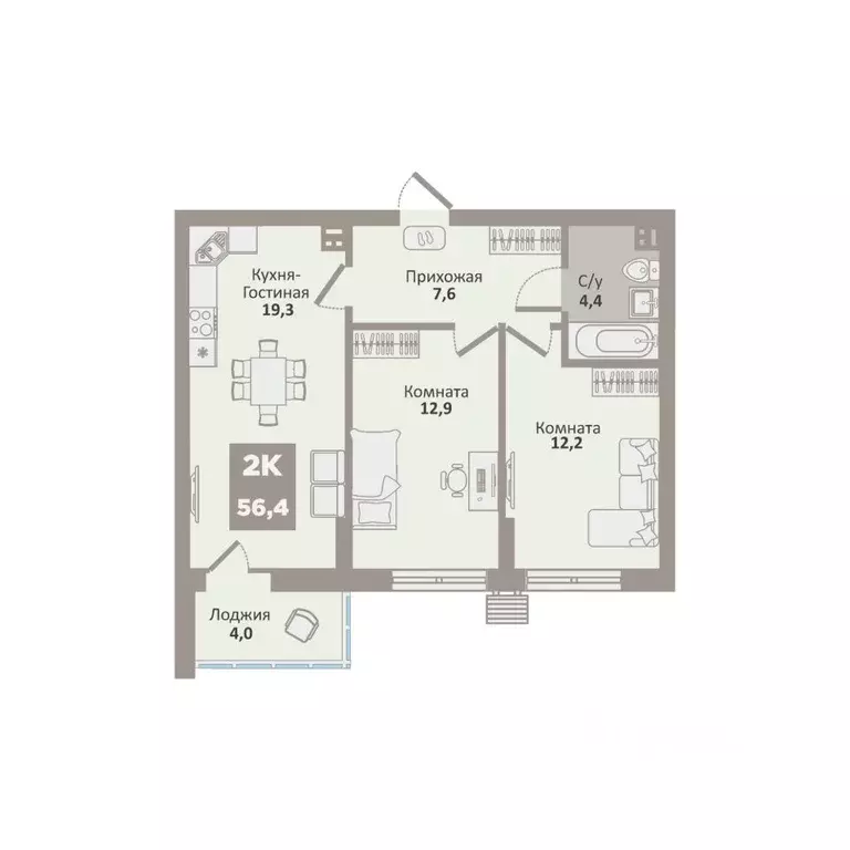 2-к кв. Курганская область, Курган Заозерный жилрайон, 12-й мкр, 1 ... - Фото 1