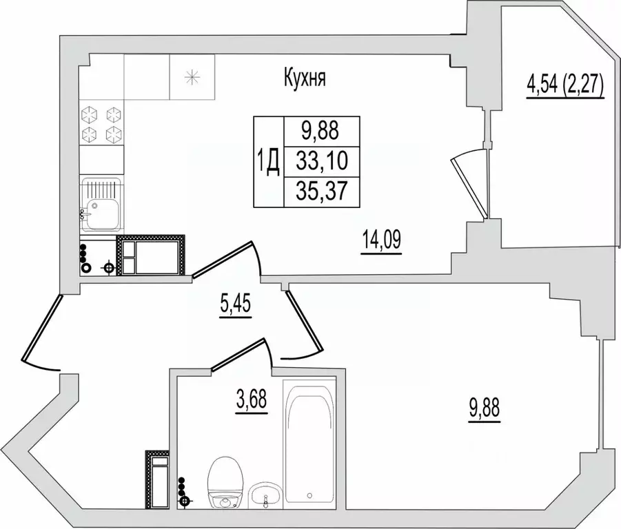 1-к кв. Псковская область, Псков Линейная ул., 87 (35.37 м) - Фото 0