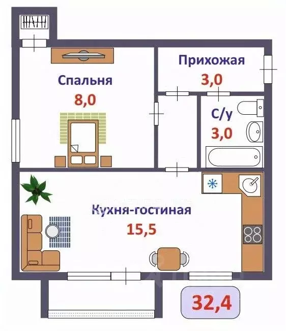 2-к кв. Кировская область, Киров Верхосунская ул., 9 (32.4 м) - Фото 1