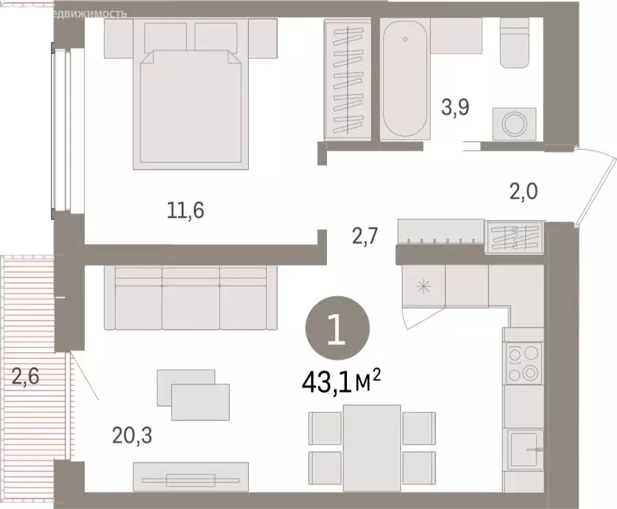 1-комнатная квартира: Новосибирск, улица Аэропорт (43.08 м) - Фото 1