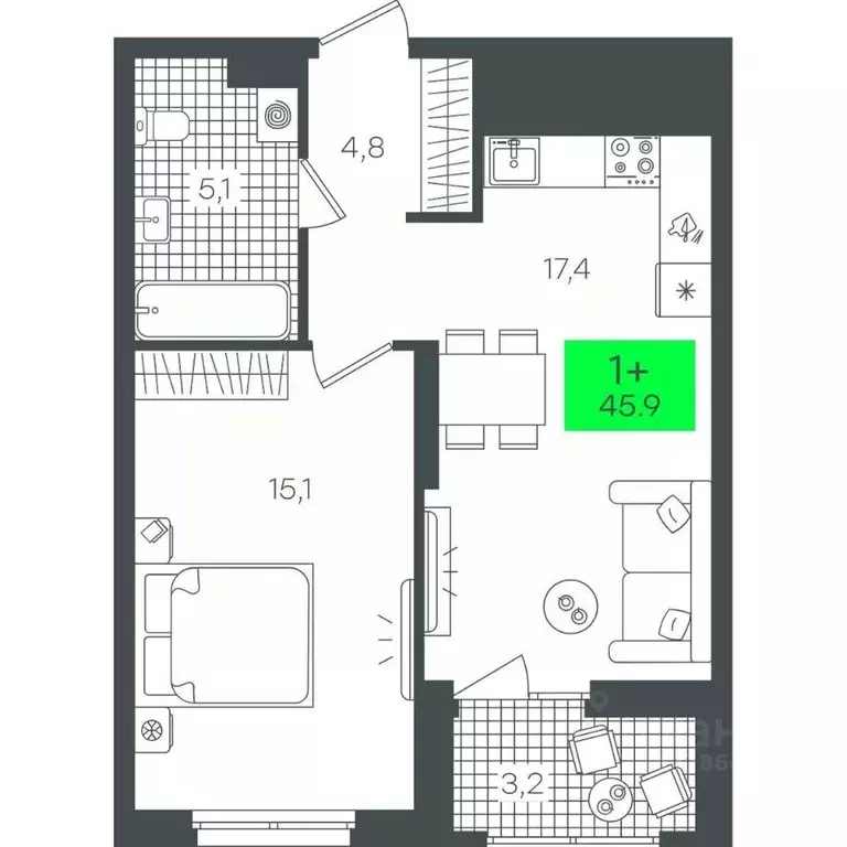 1-к кв. Тюменская область, Тюмень ул. Василия Малкова, 19 (45.96 м) - Фото 0