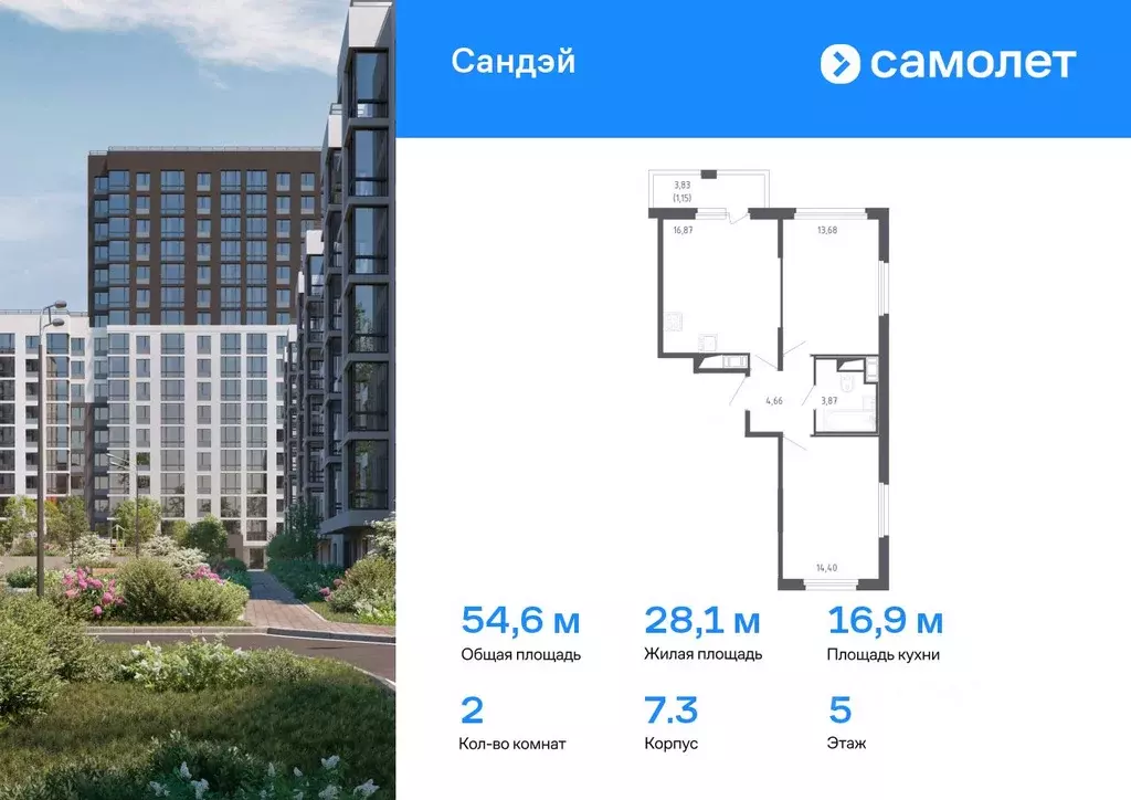 2-к кв. Санкт-Петербург Сандэй жилой комплекс, 7.3 (54.63 м) - Фото 0