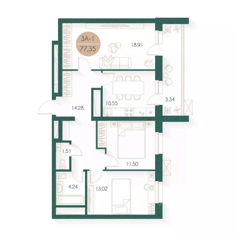 3-к кв. Татарстан, Казань ул. Родины, 20/2 (77.35 м) - Фото 1