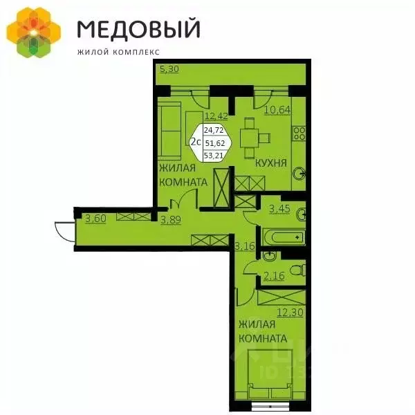 2-к кв. Пермский край, д. Кондратово ул. Г.Н. Нифантова, 4А (53.21 м) - Фото 0