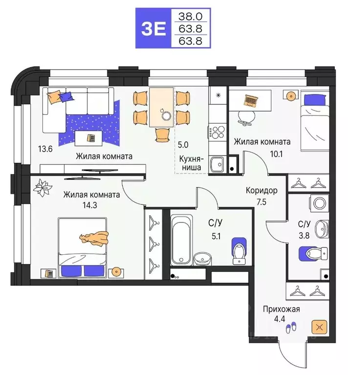 3-к кв. Пермский край, Пермь ул. Карла Модераха, 7 (63.8 м) - Фото 1