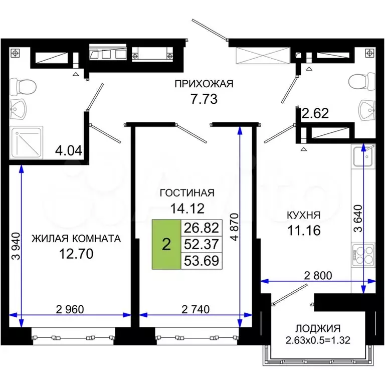 2-к. квартира, 54 м, 4/25 эт. - Фото 0