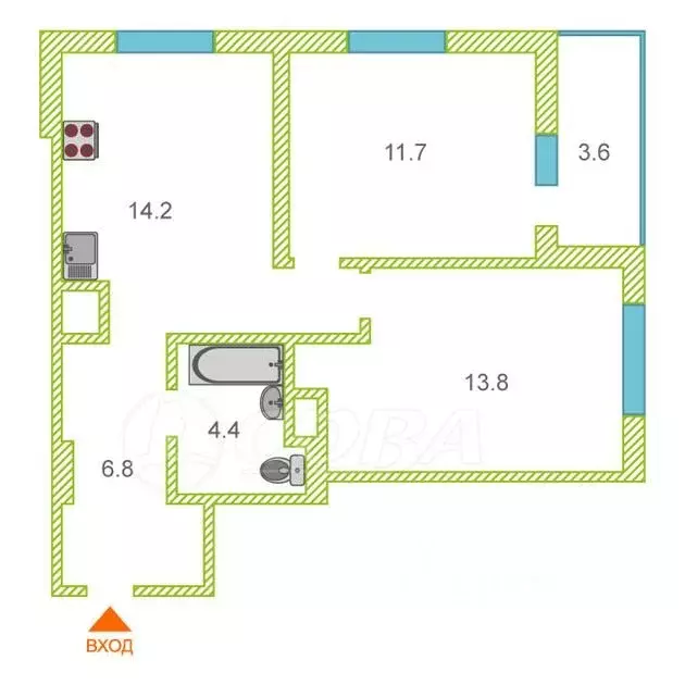 2-к кв. тюменская область, тюмень интернациональная ул, 197б (55.0 м) - Фото 1